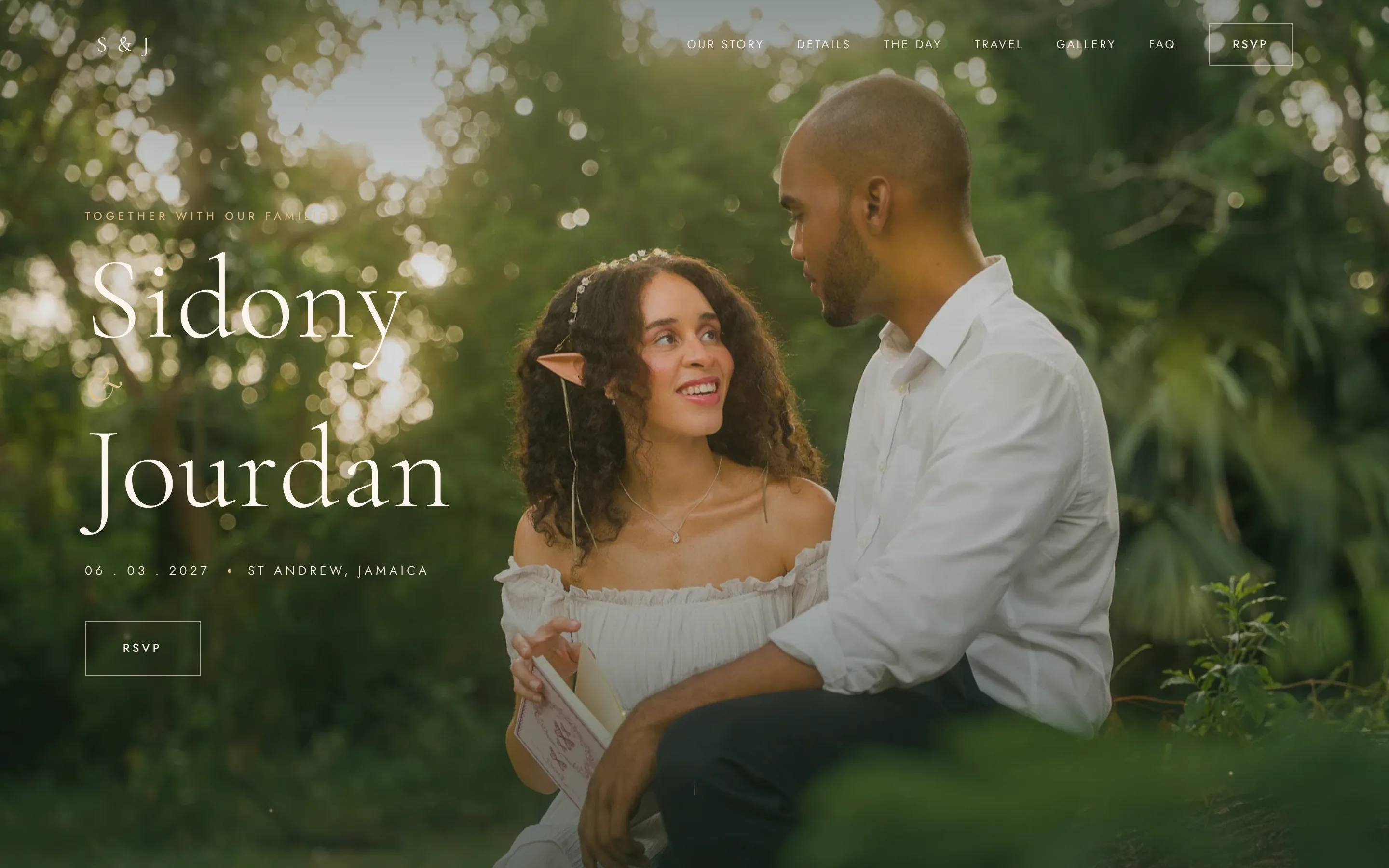 A wedding website with a large photograph of the couple, their names, the date and a save-the-date button